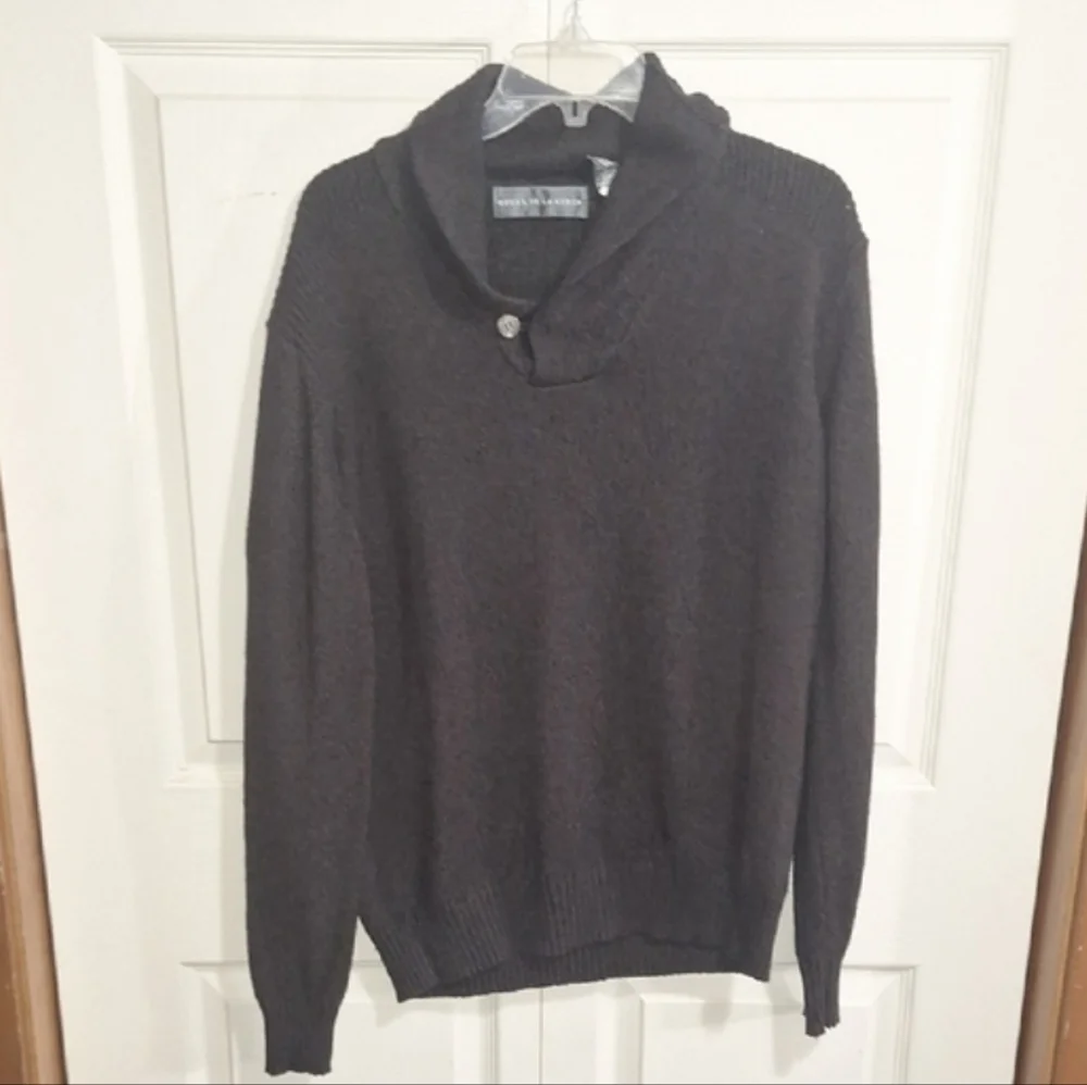 Oscar de la Renta Pullover Sweater-Button Shawl Collar-XL-Brown Cotton